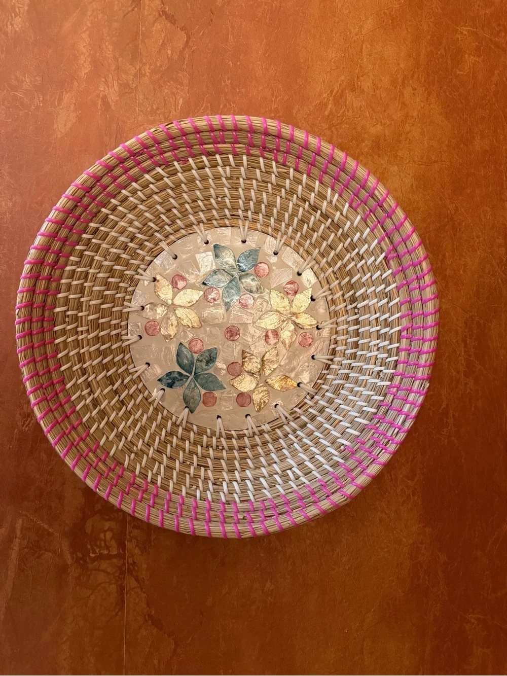 Halinh Rattan Woven Seagrass Mother of Pearl Shell Inlay Tray Bowl 14